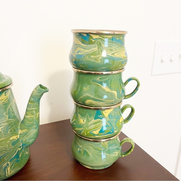 Vintage RARE MacKenzie-Childs Victoria and Richard Green Enamel 12 pc Tea Set - Picture 4 of 10